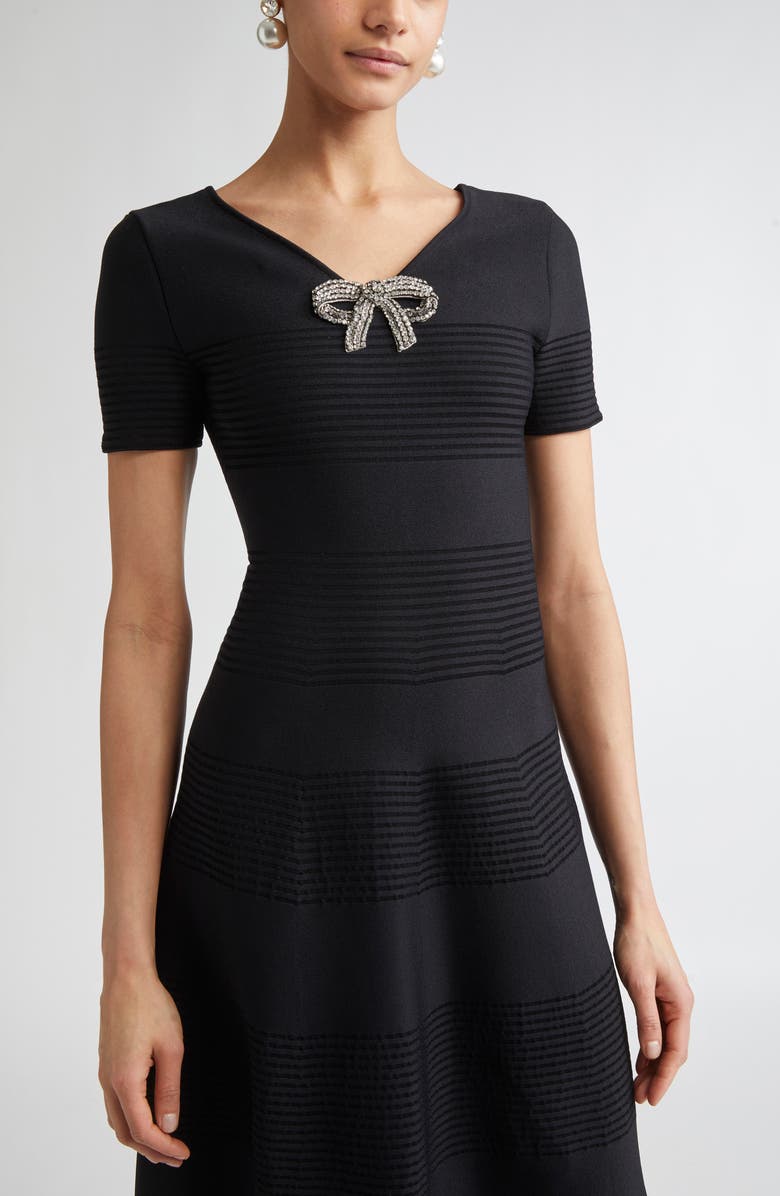 Carolina Herrera Crystal Bow Knit Fit & Flare Dress, Alternate, color, Black