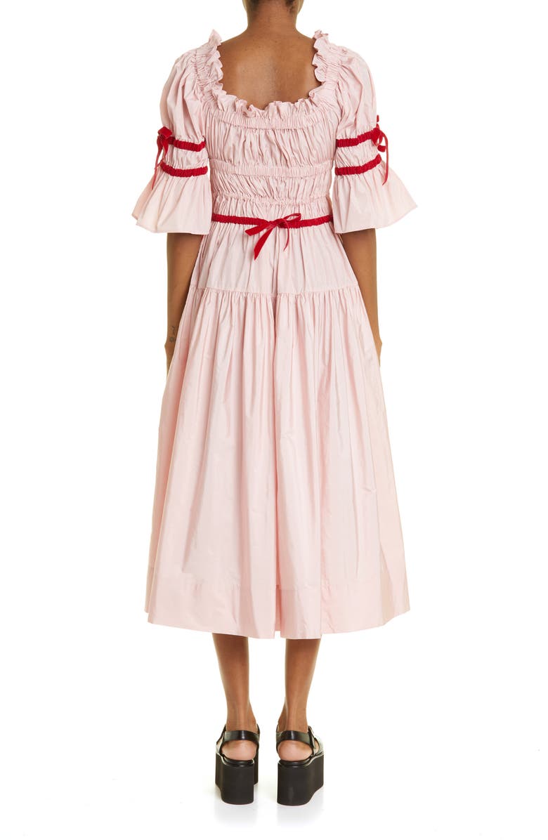 Molly Goddard Mikha Velvet Bow Gathered Ruffle Taffeta Midi Dress, Alternate, color,