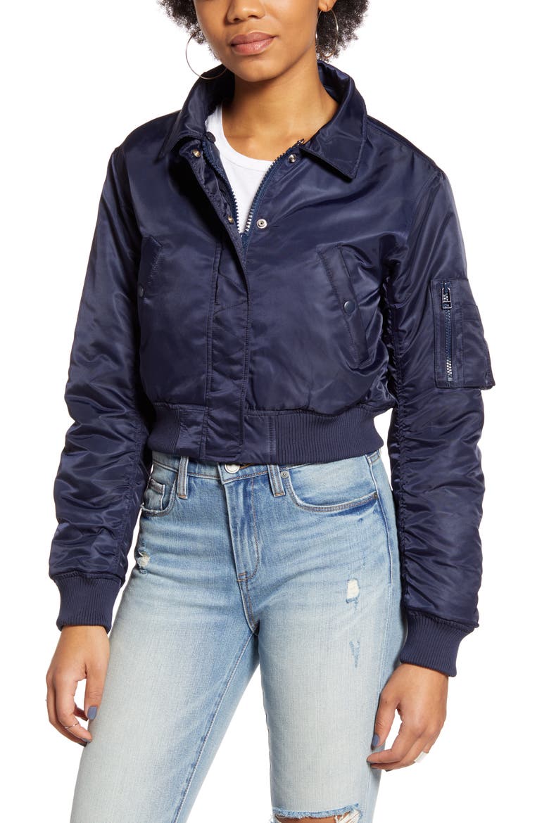 Faux Fur Collar Cropped Bomber Jacket, Alternate, color, NAVY