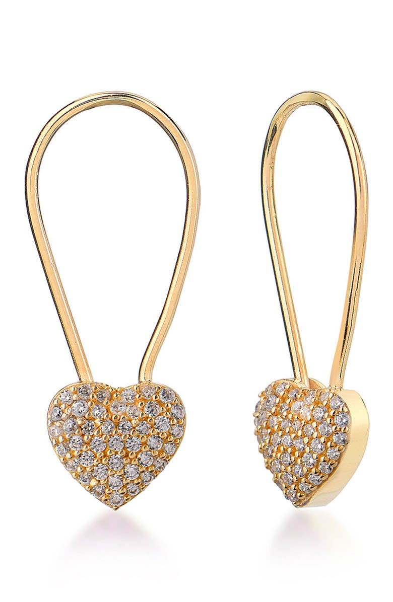 GABI RIELLE 14K Gold Vermeil Pavé Cubic Zirconia Heart Drop Lock Earrings, Main, color, 