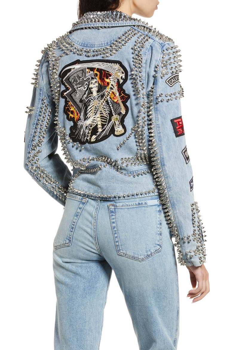 Spike Patch Embellished Belted Denim Moto Jacket, Alternate, color, BLUE