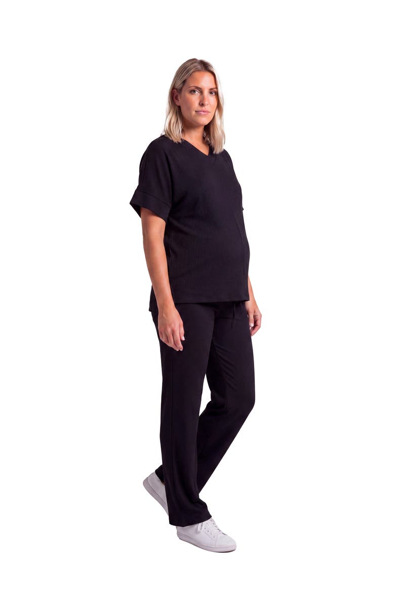 24seven Comfort Apparel Maternity Basic Ribbed Knit Dolman Sleeve V-Neck Top and Drawstring Wide Leg Pant Set, Alternate, color, Black
