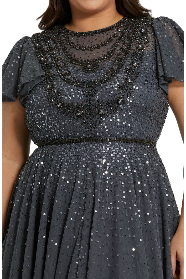 Sheer Flutter Sleeve Beaded Fluffy Net Gown, Alternate, color, Charcoal