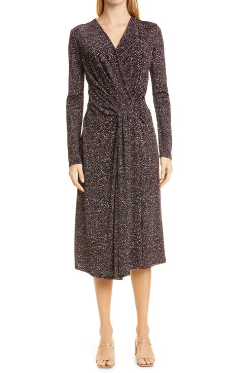Exandria Print Knot Front Long Sleeve Midi Dress