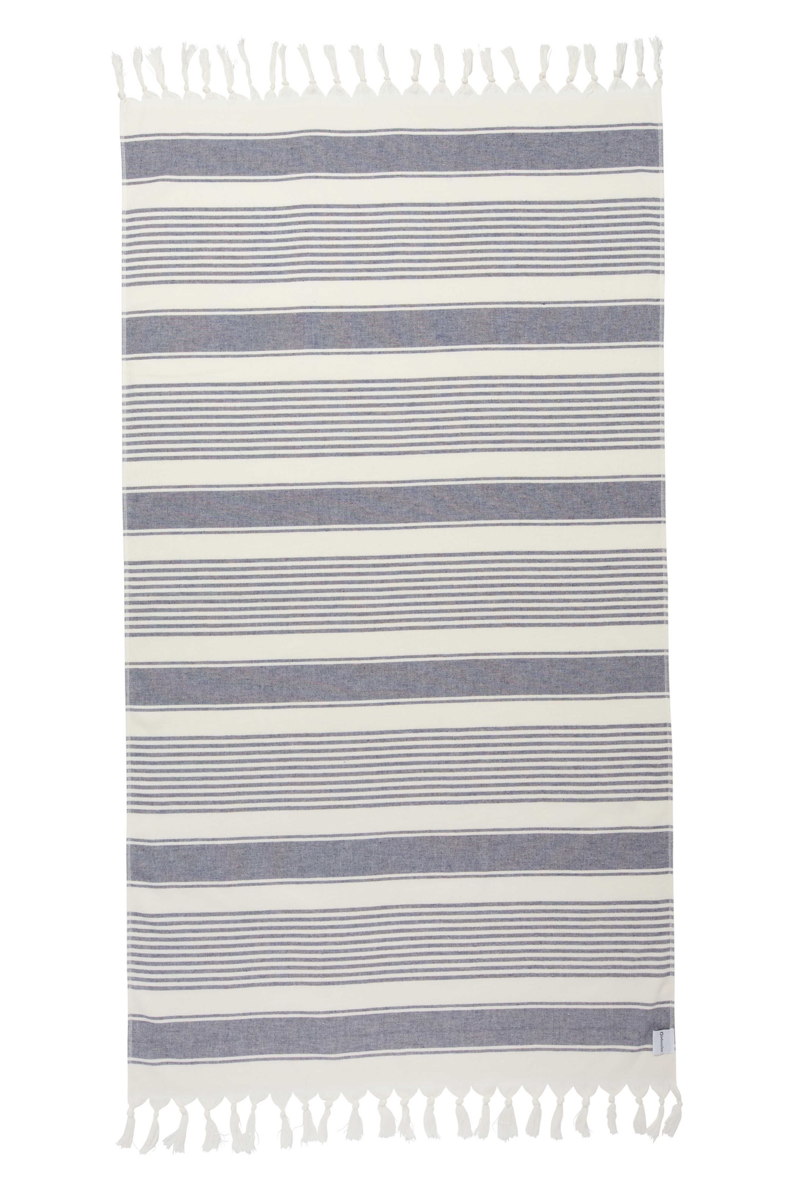 InfuseZen Sauna Stripe Organic Terry Cloth Lined Turkish Towel in Navy 