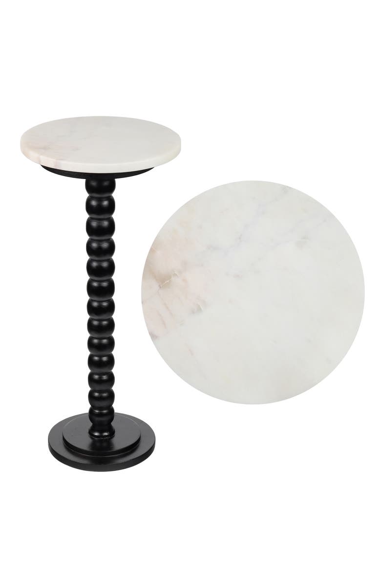 JONATHAN Y Monroe 24.25" Rustic Farmhouse Spindle Wood Drink Table and Decorative End Table with White/Beige Marble Round Top, Main, color, Black/White