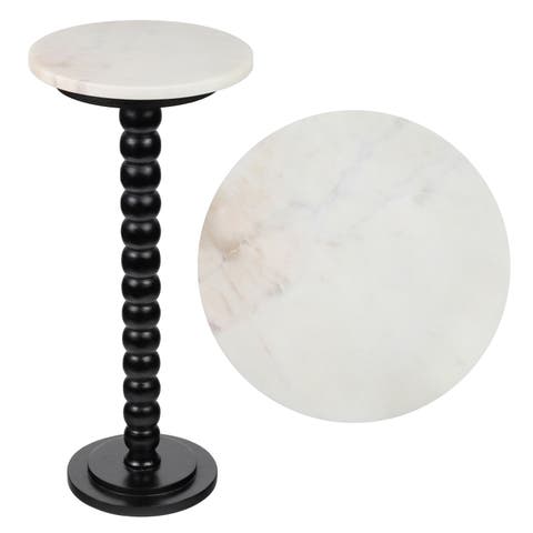 Monroe 24.25" Rustic Farmhouse Spindle Wood Drink Table and Decorative End Table with White/Beige Marble Round Top