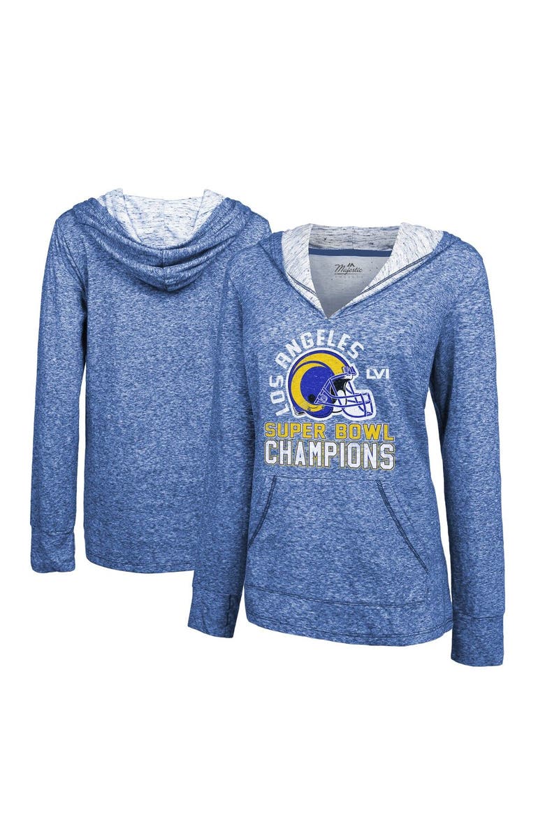 Majestic Threads Women's Majestic Threads Heathered Royal Los Angeles Rams Super Bowl LVI Champions Hard Count Slub Pullover Hoodie, Main, color,