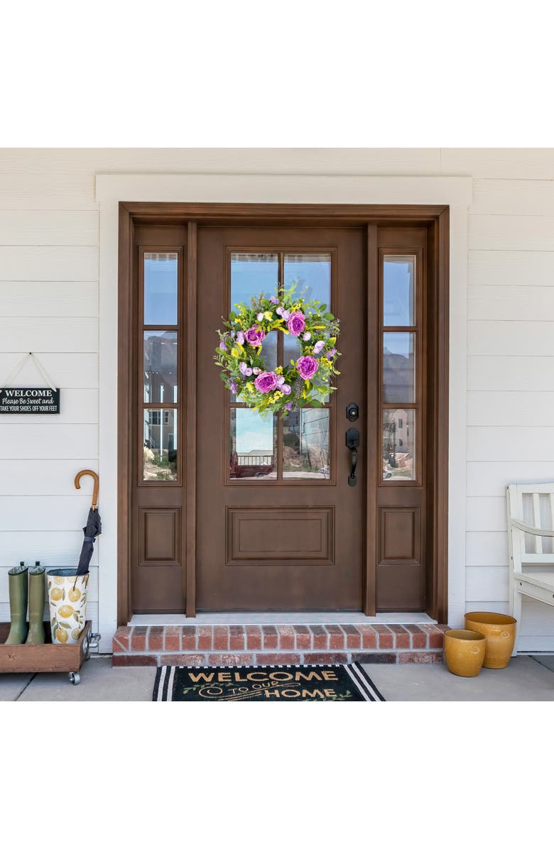 Northlight Peony Mixed Floral Springtime Wreath - 24" - Purple and Yellow, Alternate, color, Purple