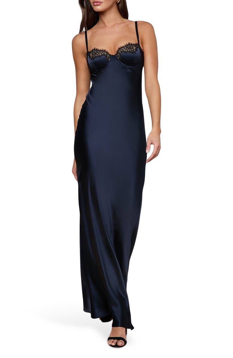 L'AGENCE Shayla Lace Trim Silk Satin Maxi Slipdress, Main, color, Midnight