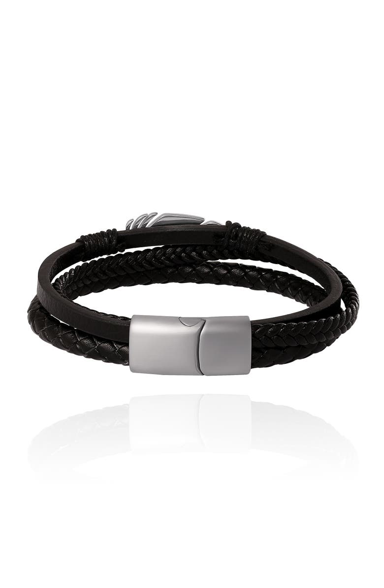 Lucky Brand Triple Row Black Leather Bracelet with Silver Accents, Alternate, color, Black