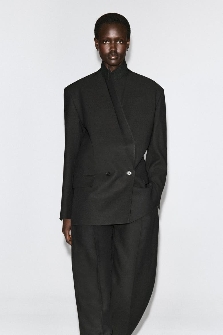 Contrast-Lined Double-Breasted Blazer, Alternate, color, BLACK