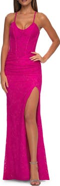 La Femme Stretch Lace Prom Dress with Scoop Neck and Lace Up Back
