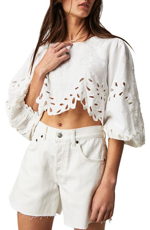 Oleander Eyelet Cotton & Linen Crop Top