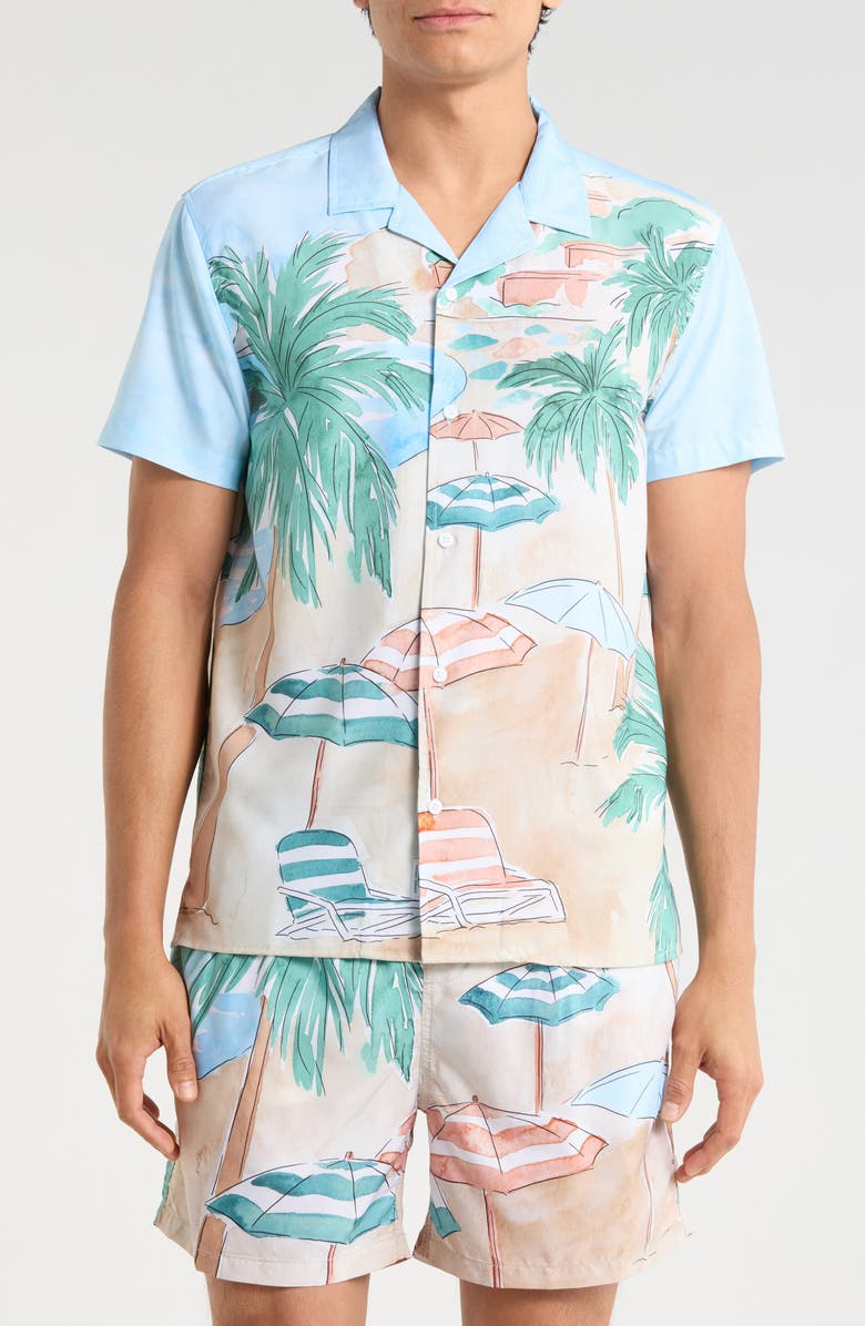 Vintage Summer Beach Scene Camp Shirt, Main, color, Tan