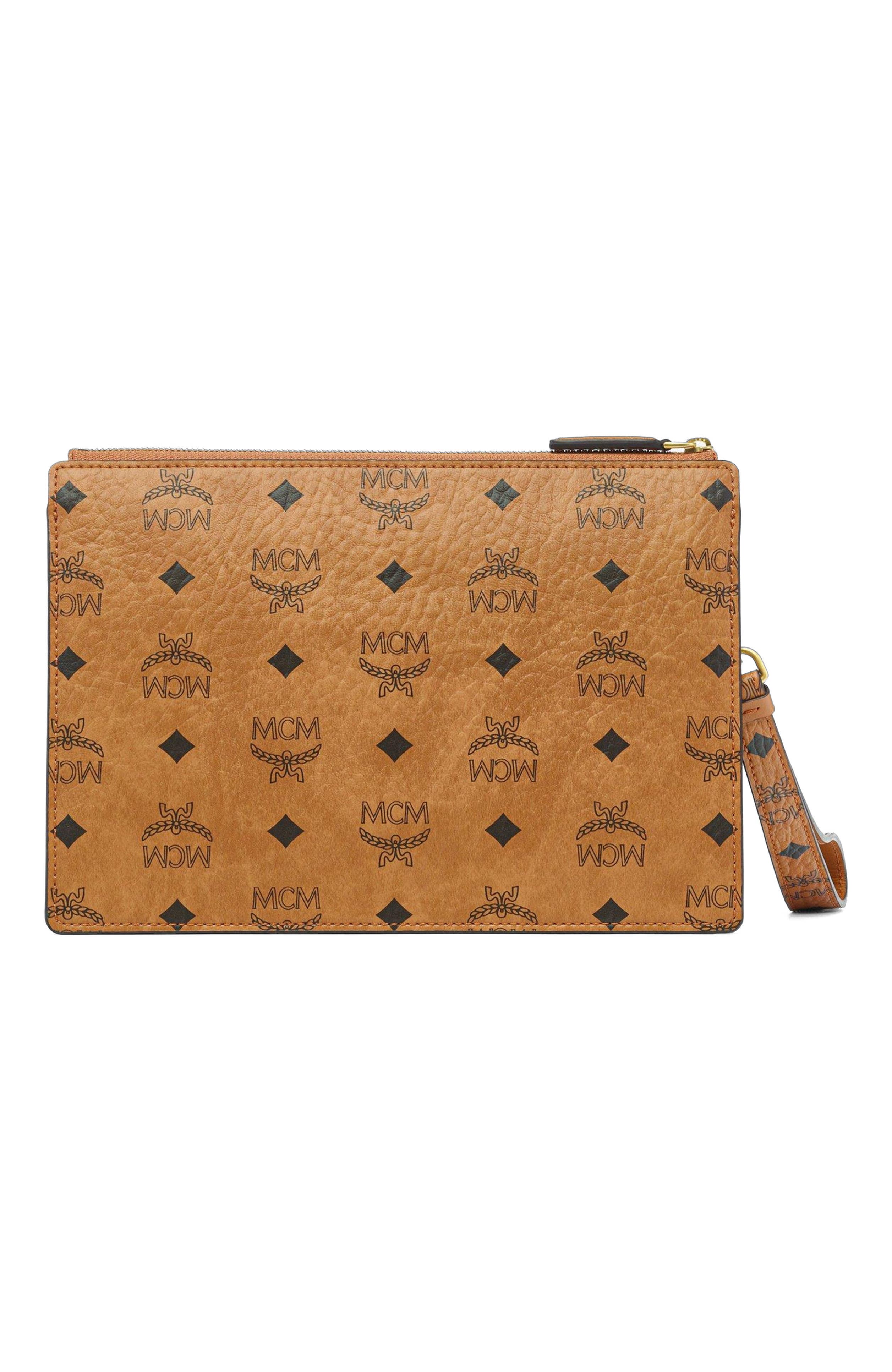 MCM Wristlet Standing Pouch w/ Chain Strap in Visetos, Alternate, color, Brown