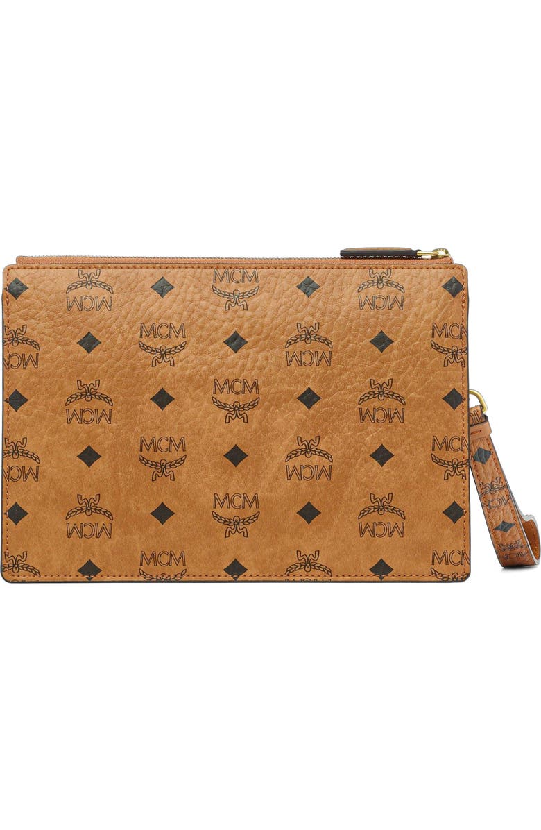 MCM Wristlet Standing Pouch w/ Chain Strap in Visetos, Alternate, color, Brown