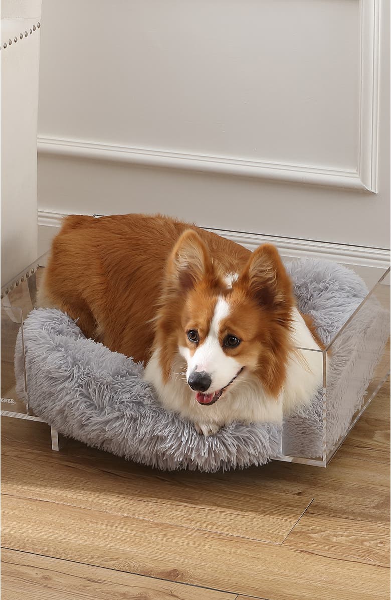 The Licker Store Carole 24" x 18" Small/Medium Modern Lucite Calming Fluffy Pet Bed with Washable Cushion, Alternate, color, Light Gray/Clear