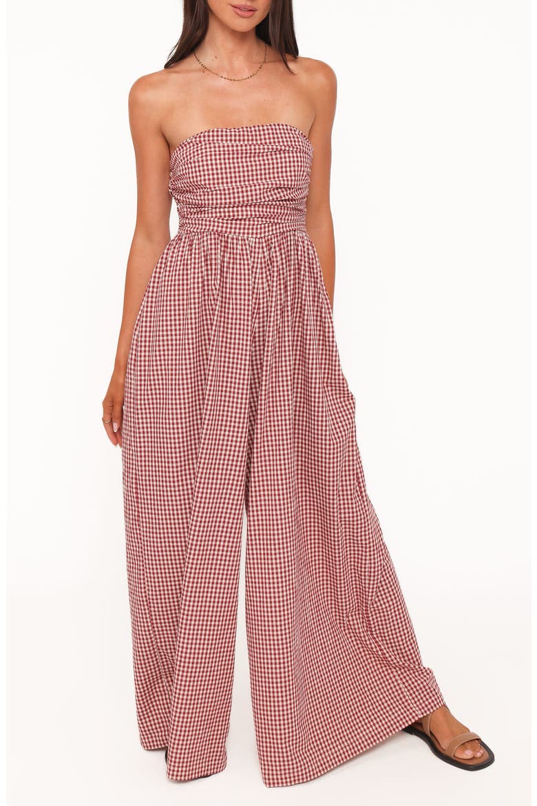 Paige Strapless Wide Leg Jumpsuit, Main, color, RED GINGHAM