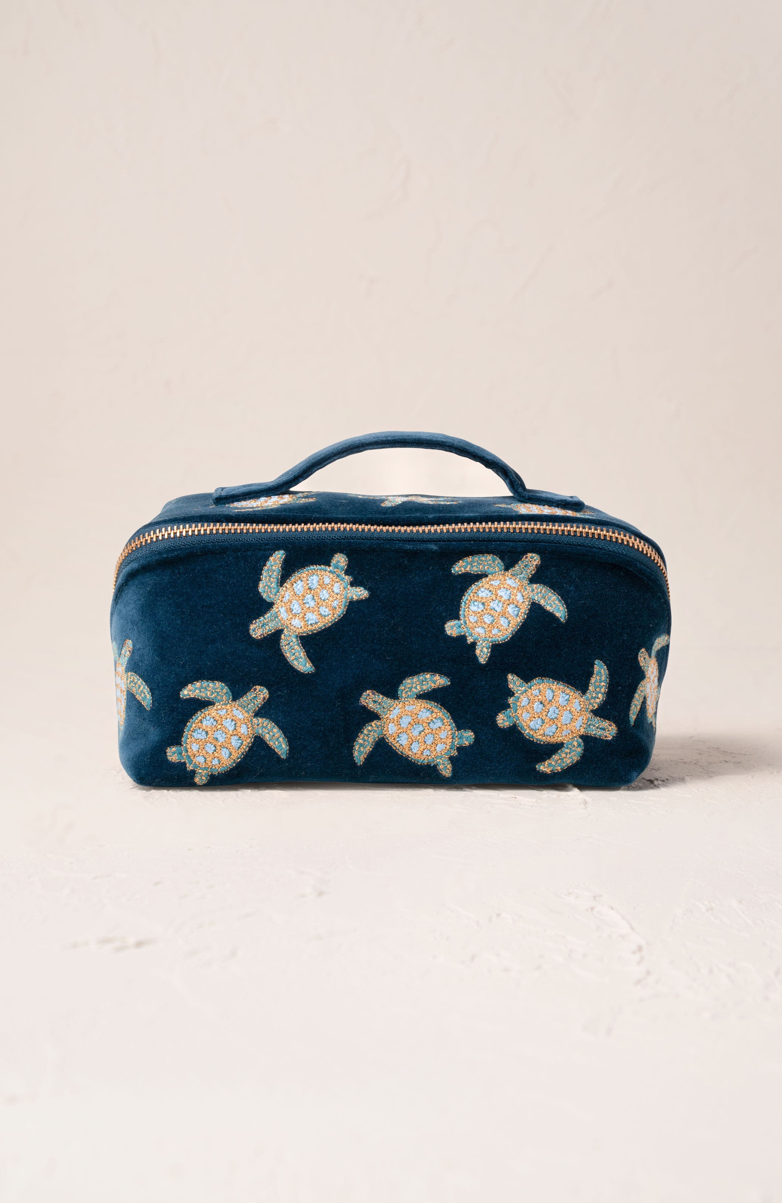 Turtle Conservation Velvet Open Flat Makeup Bag, Main, color, Marine Navy