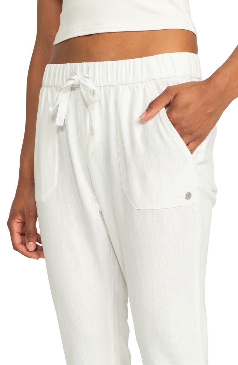 Roxy On the Seashore Tie Waist Linen Blend Pants, Alternate, color, Snow White Solid