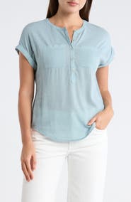 Lucky Brand Mixed Media Short Sleeve Cotton Henley Top