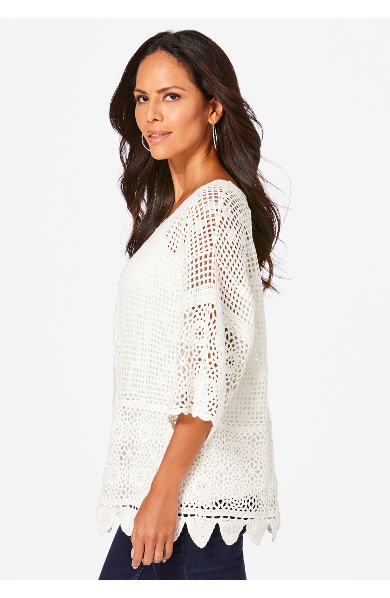 Roaman's Plus Size Scallop Trim Crochet Cardigan, Alternate, color, Black