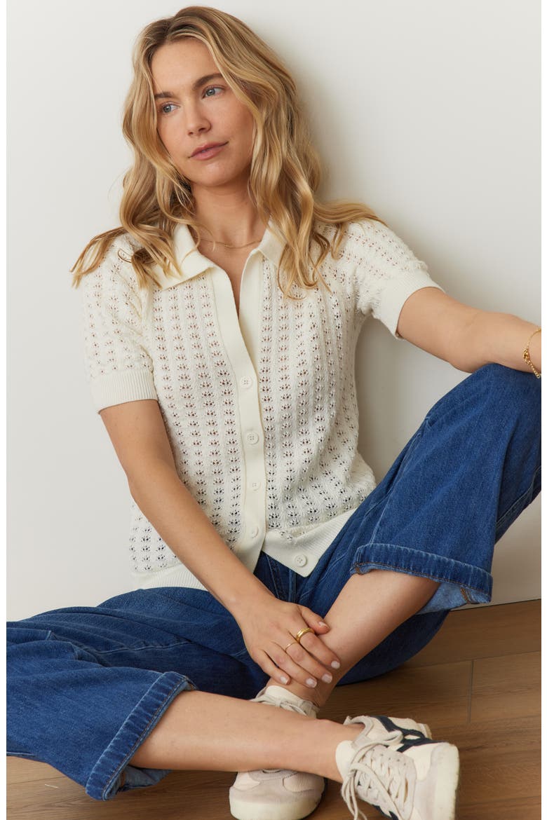 Piper Pointelle Stitch Cotton Button-Up Shirt, Alternate, color, CREAM