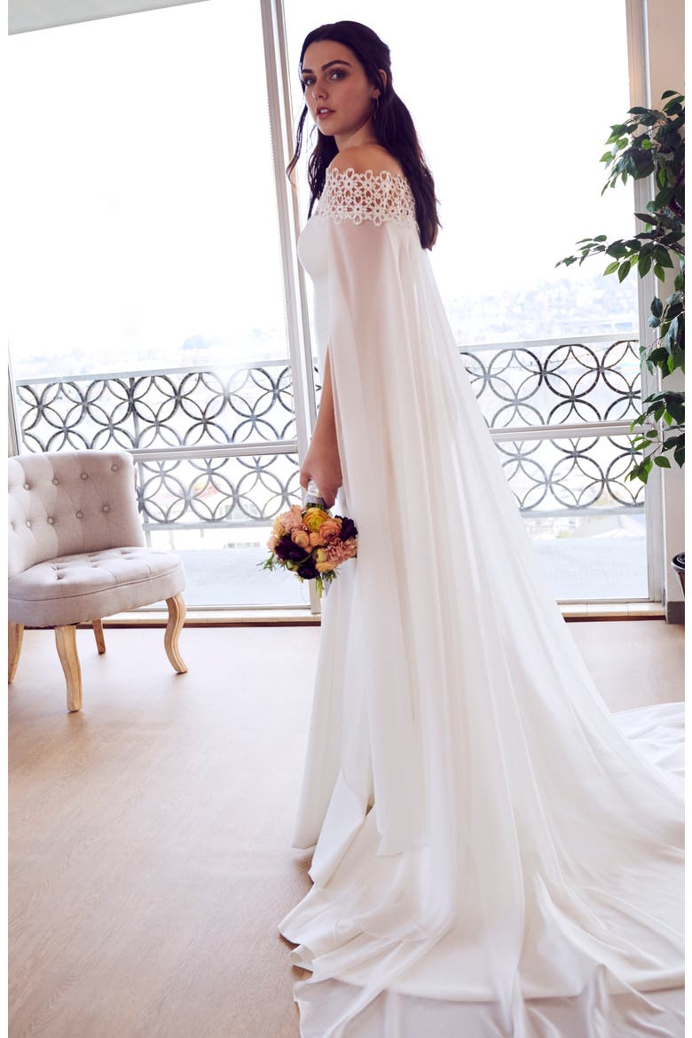 Danica Off the Shoulder Gown with Cape, Alternate, color, OFF WHITE