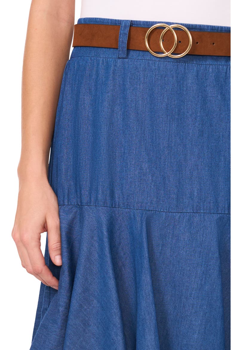 Tiered Denim Midi Skirt with Brown Golden Buckle Belt, Alternate, color, MID INDIGO