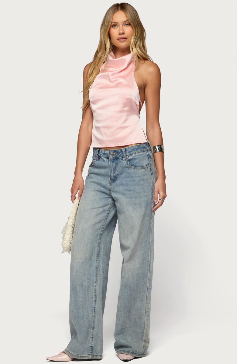 EDIKTED Cowl Neck Backless Satin Crop Top, Alternate, color, Light-Pink