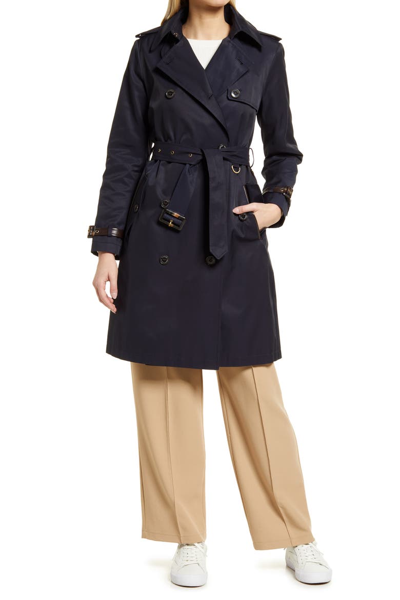 Double Breasted Cotton Blend Trench Coat, Main, color, DK NAVY