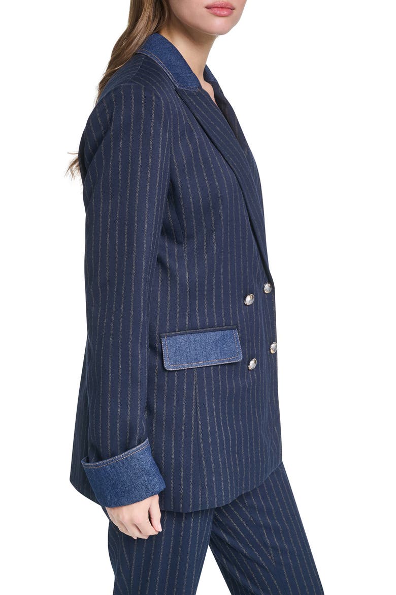 Denim Trim Striped Blazer, Alternate, color, NAVY/ GOLD