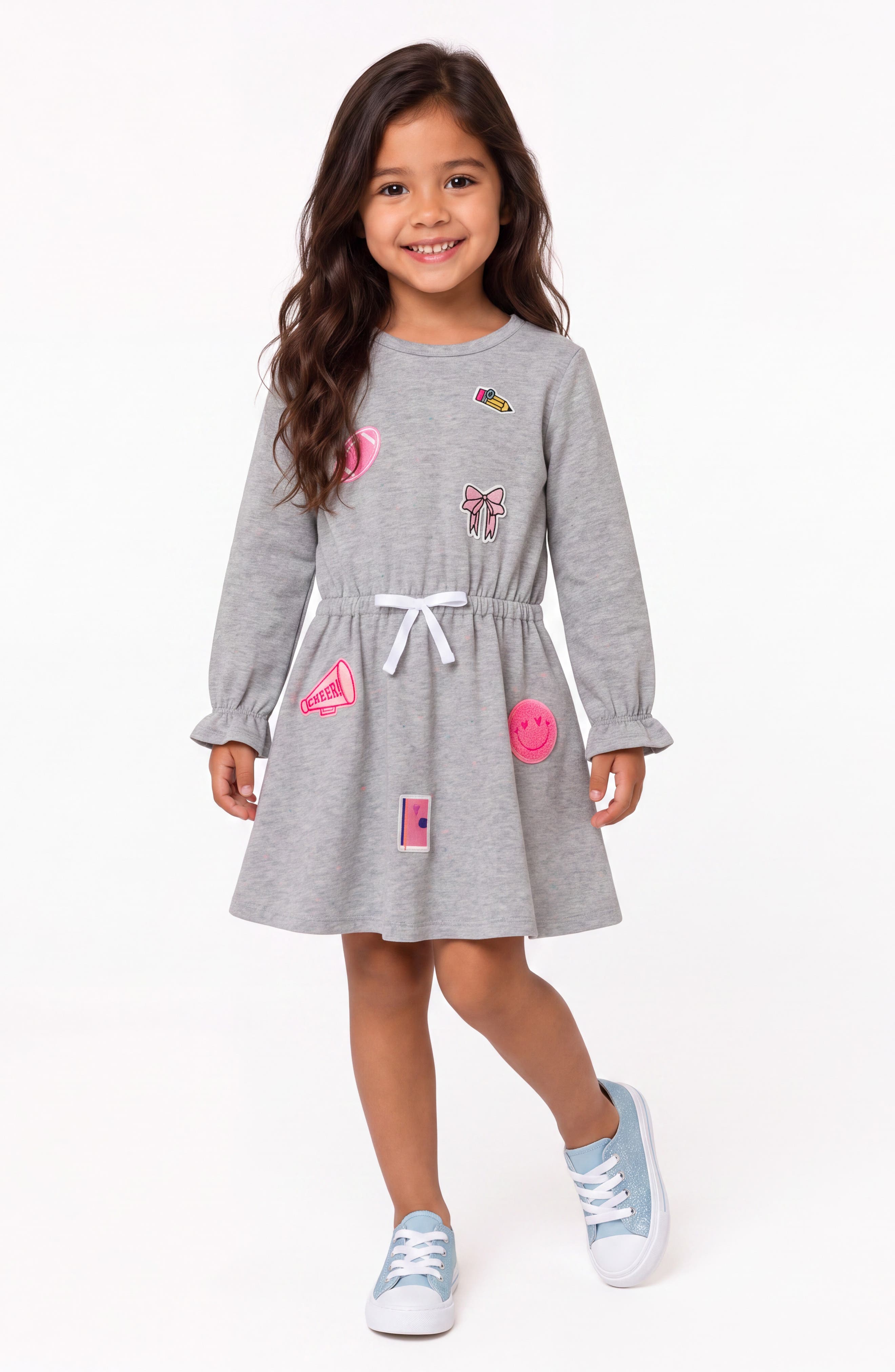 Kids' Bow Appliqué Long Sleeve Dress