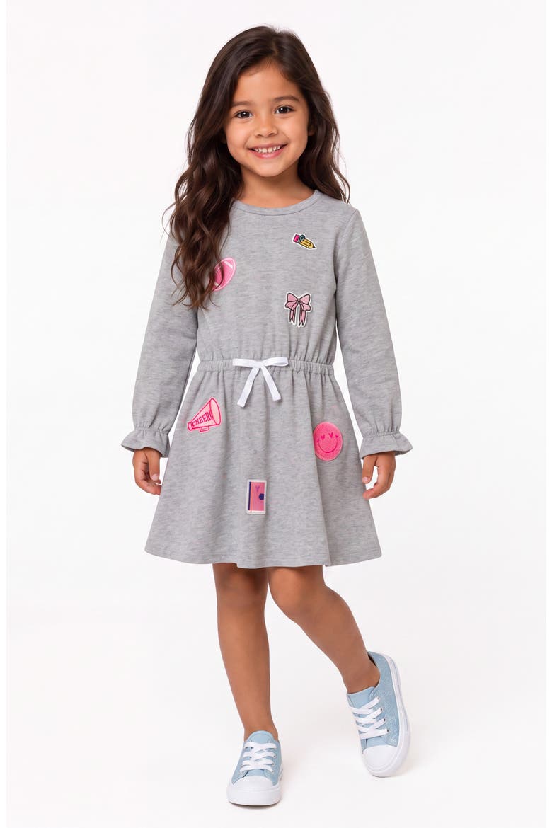 Kids' Bow Appliqué Long Sleeve Dress, Main, color, GREY PATCHES
