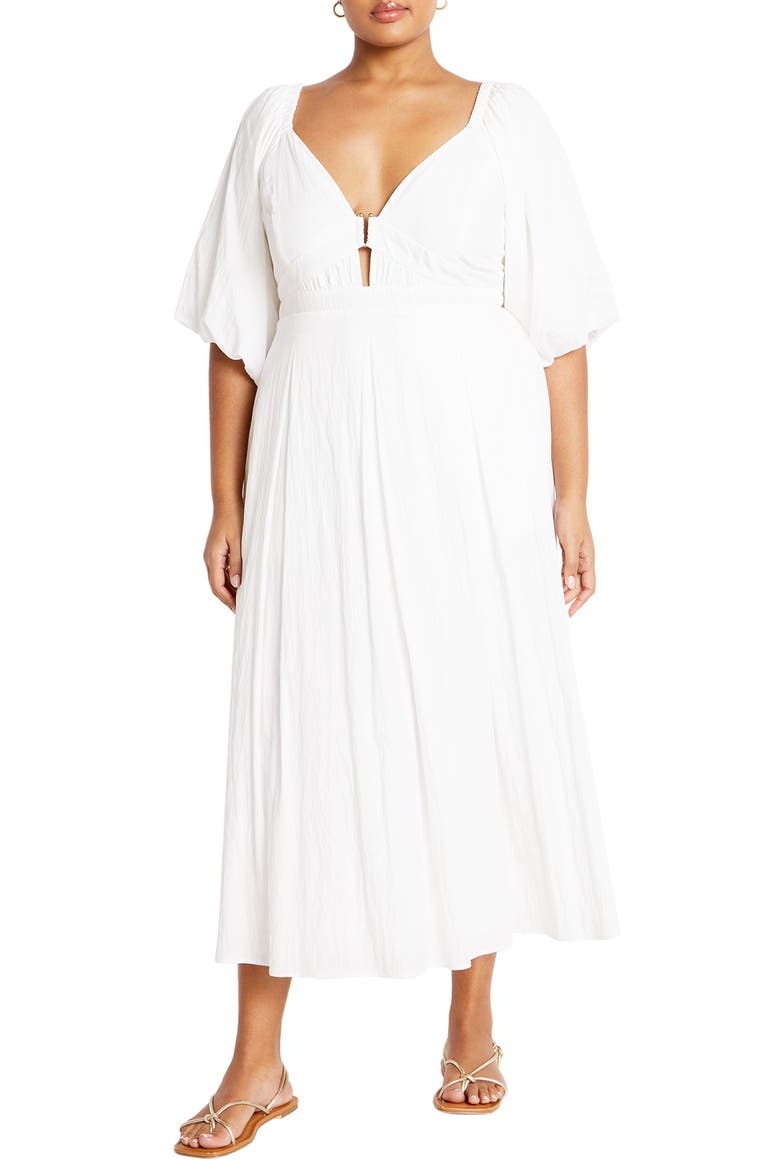 Shae Keyhole Detail Balloon Sleeve Midi Dress(Plus), Main, color, IVORY