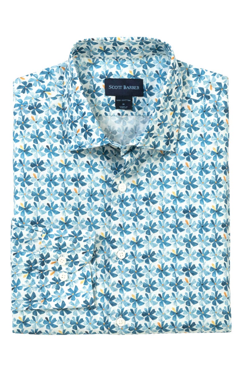 Scott Barber Voile Flower Print Short Sleeve Button-Up Shirt, Alternate, color, Blue