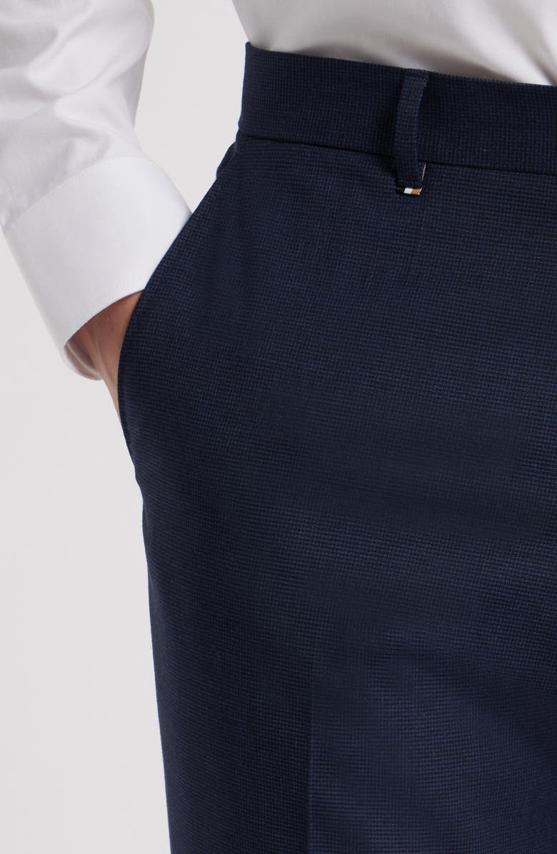 BOSS Genius Slim Fit Tan Microcheck Flat Front Stretch Dress Pants, Alternate, color, Dark Blue