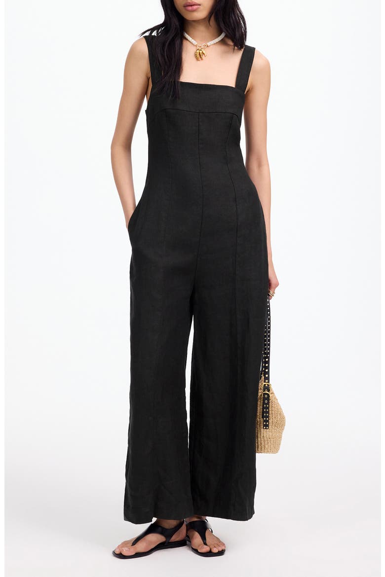 Square Neck Wide Leg Linen Jumpsuit, Main, color, JET BLACK