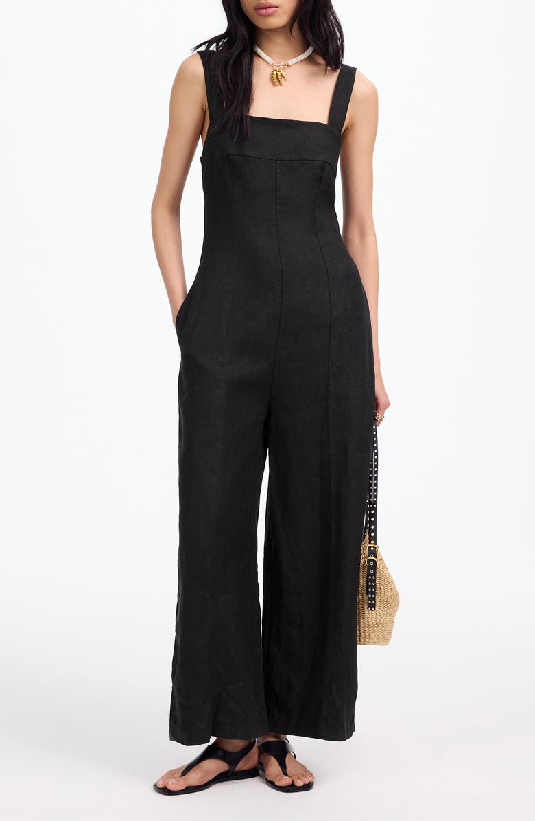 Madewell Square Neck Wide Leg Linen Jumpsuit, Main, color, Jet Black