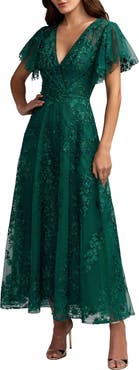 Mac Duggal Flutter Sleeve Faux Wrap V Neck Embellished Tea Length Dress