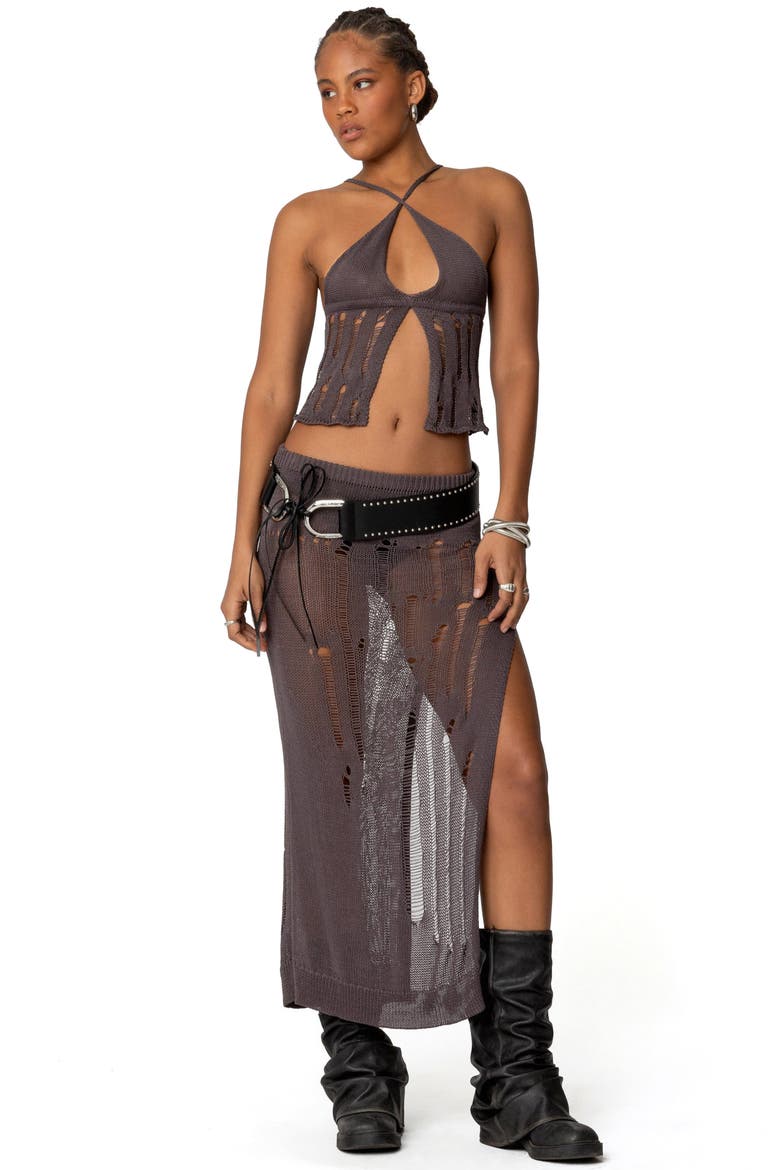 Jaynie Distressed Open Knit Maxi Skirt, Alternate, color, BROWN