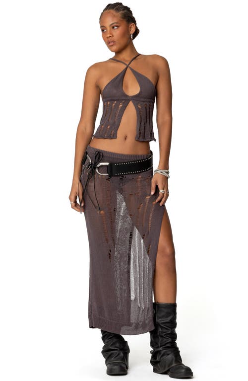 Edikted Jaynie Distressed Open Knit Maxi Skirt In Brown