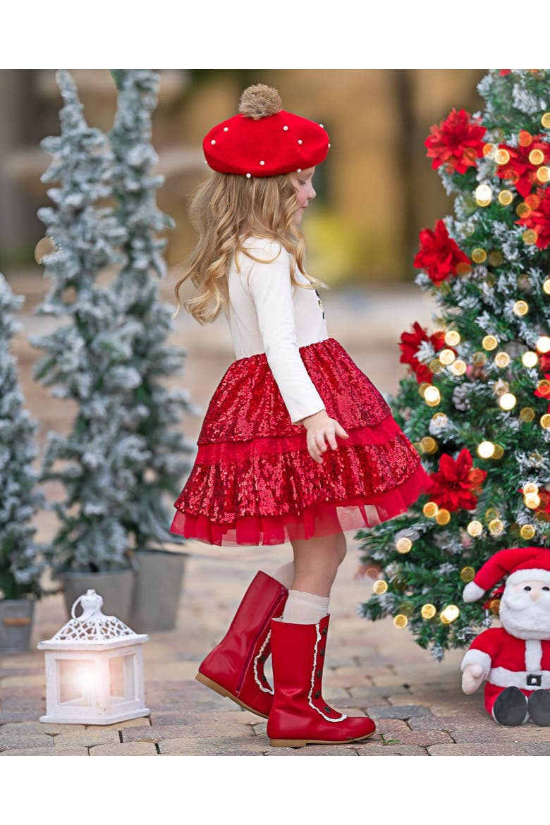 Sparkling Reindeer Sequin Long Sleeve Tutu Dress, Alternate, color, Red