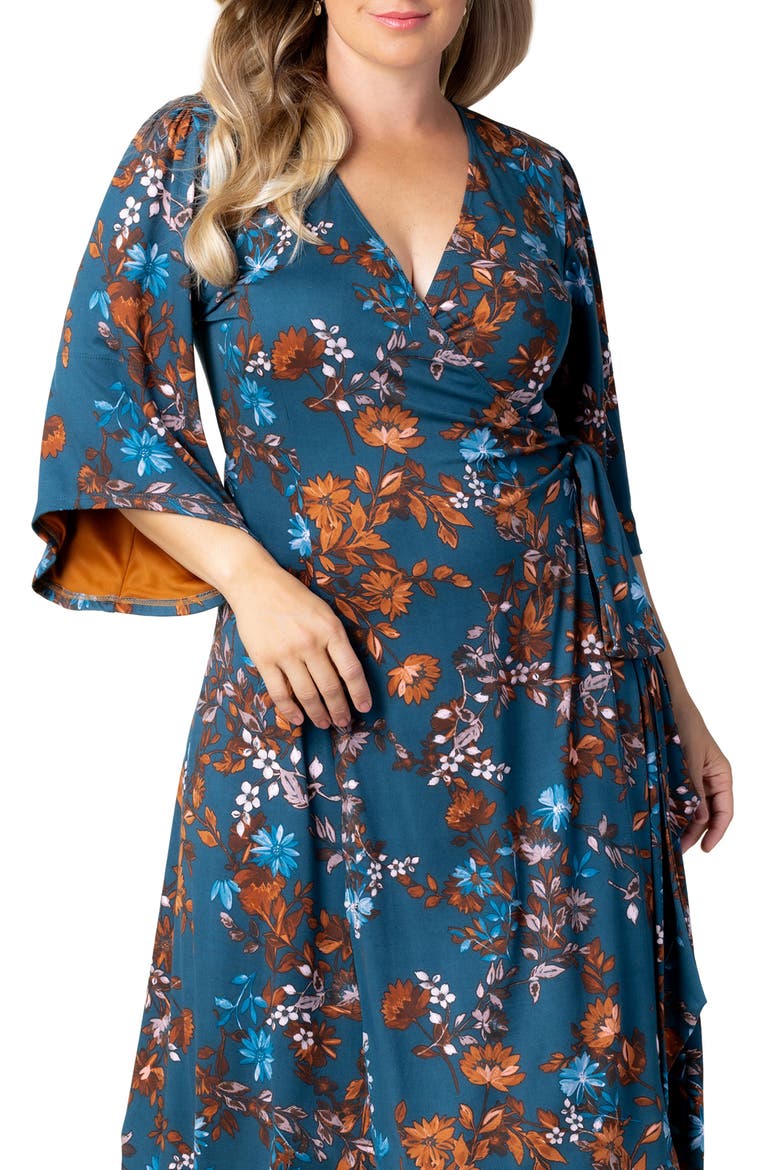 Gemini Floral Bell Sleeve Wrap Dress, Alternate, color, TEAL BLUE ASTERS