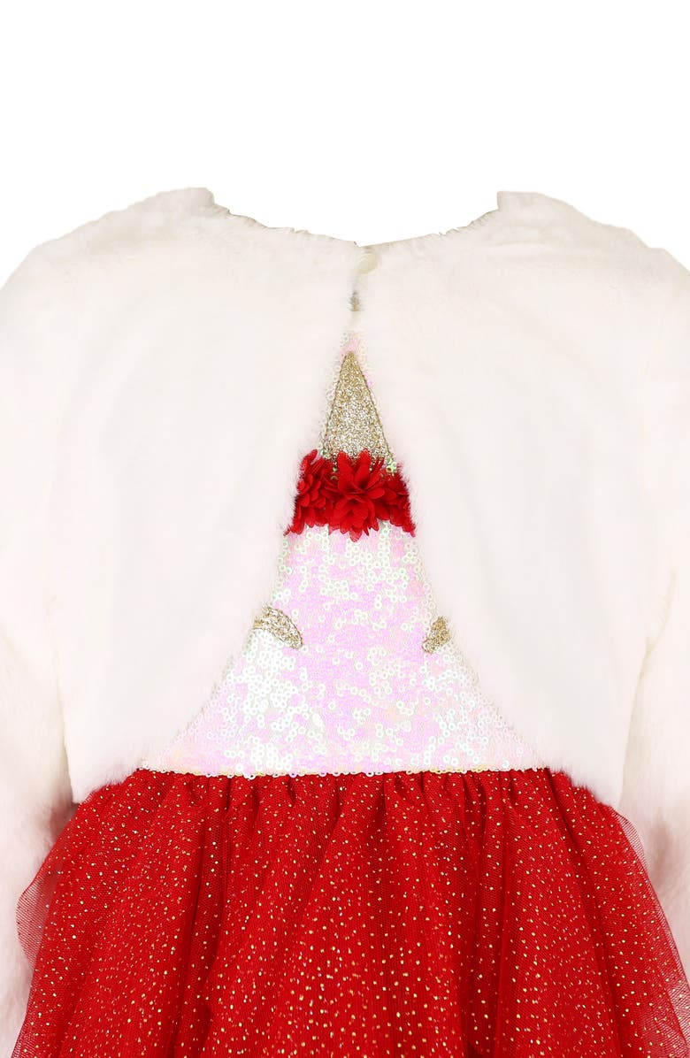 Zunie Kids' Unicorn Party Dress & Faux Fur Cardigan Set, Alternate, color, Ivory/ Red