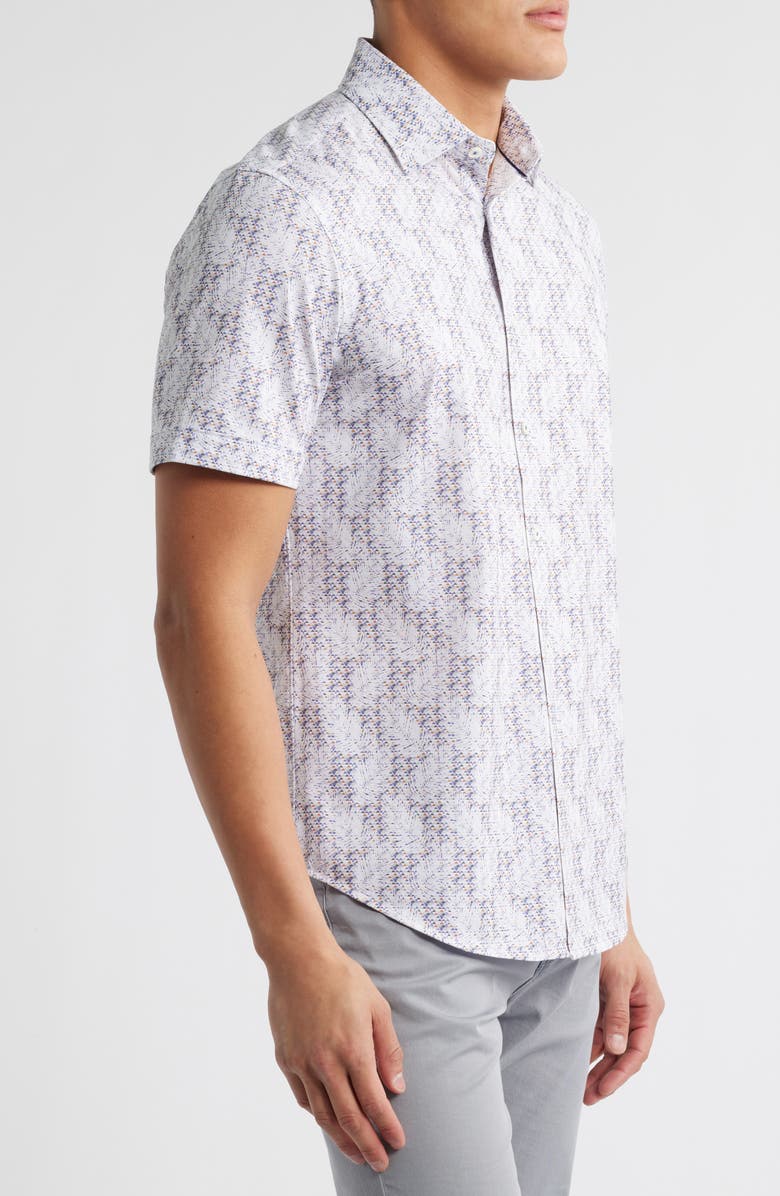 Bugatchi Miles OoohCotton<sup>®</sup> Leaf Print Short Sleeve Button-Up Shirt, Alternate, color, Peacock
