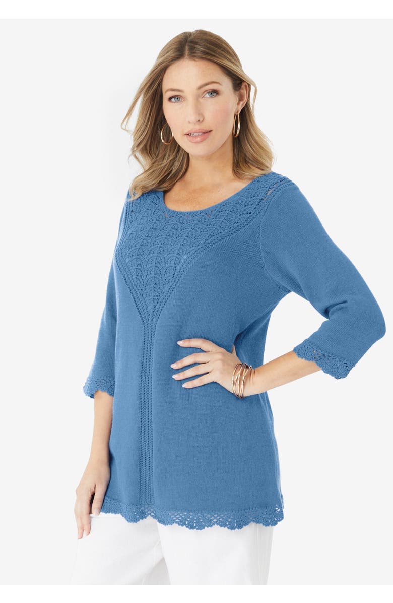 Roaman's Lace Knit Pullover Sweater, Alternate, color, Rich Brown