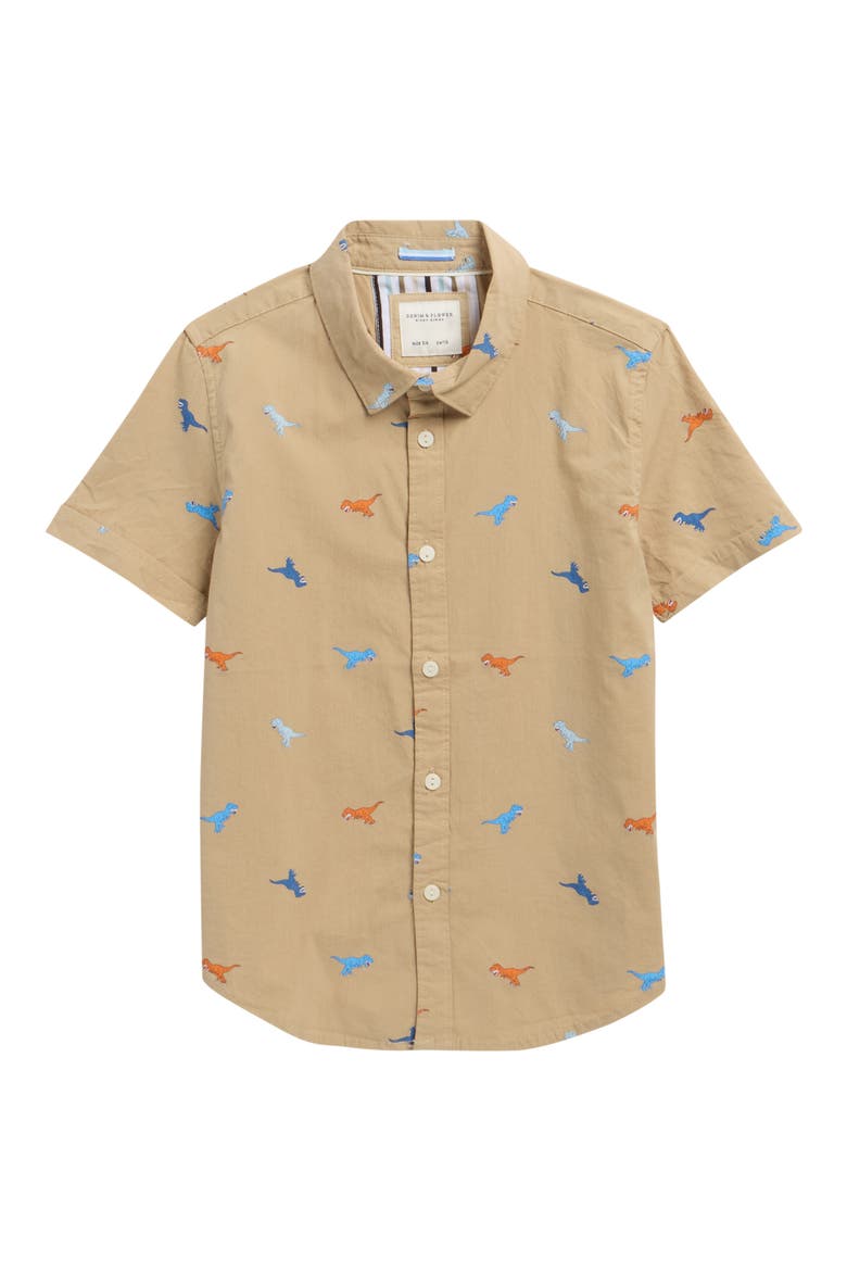 Kids' Multicolor Dinos Button-Up Shirt, Main, color, BEIGE