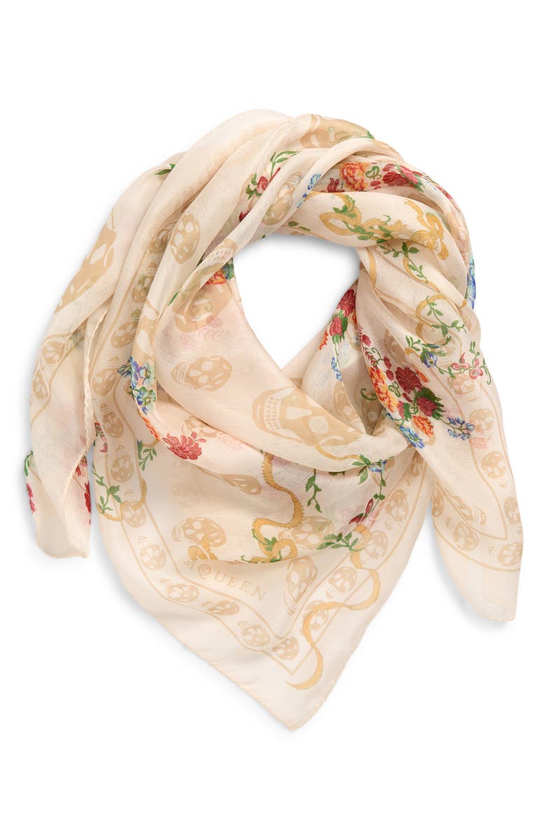 McQueen Floral Skull Silk Chiffon Scarf, Alternate, color, Ivory/ Beige